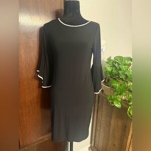 Tiana B. Black Midi Dress with White Trim and Bell Sleeves